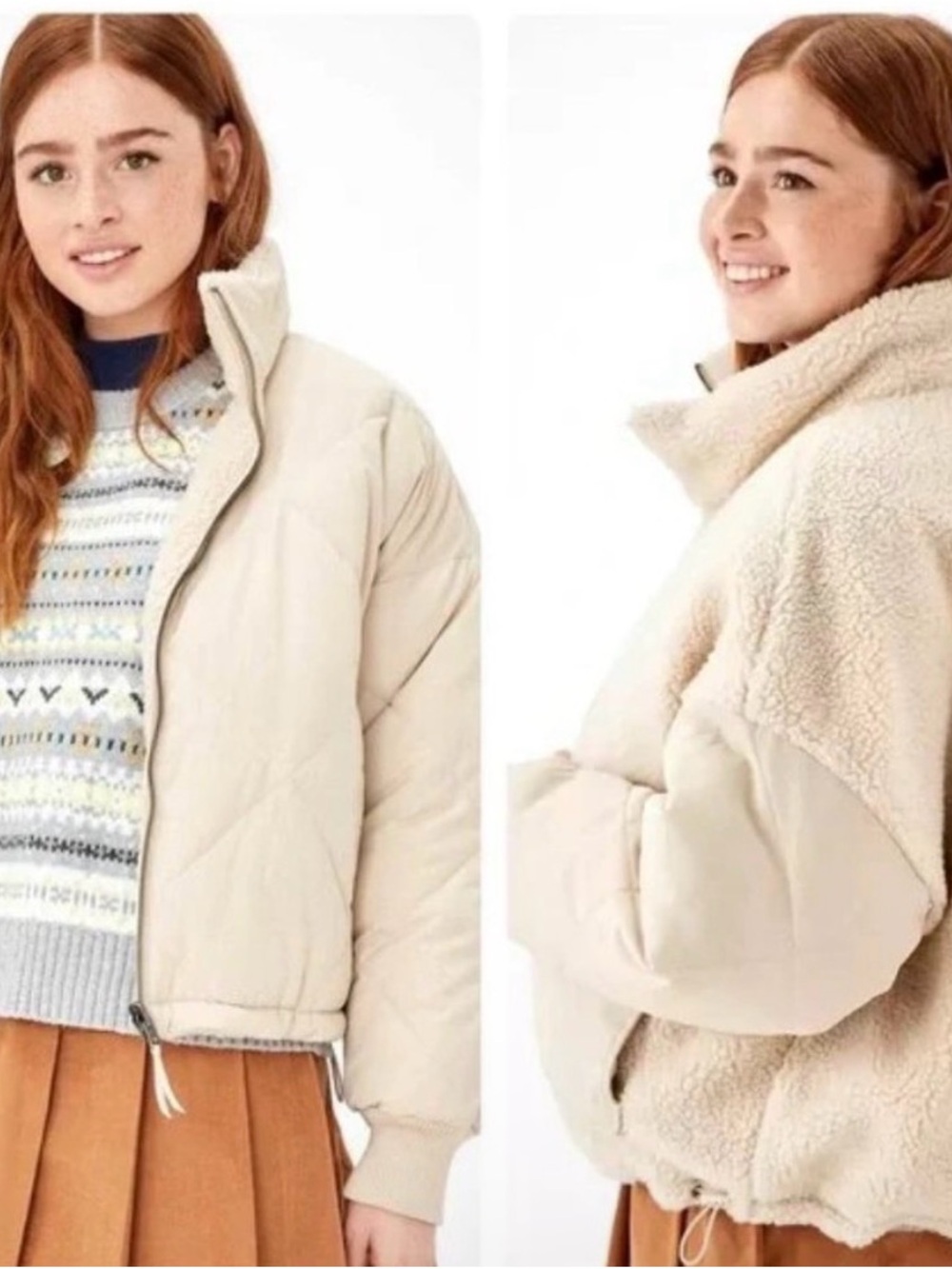 American Eagle Outfitters Reversible Tan Puffer Sherpa Jacket SzS  Cabincore
